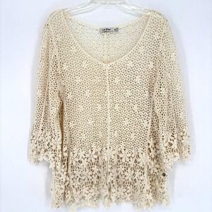 Floral Crochet Knit Open Weave V Neck 3/4 Sleeve Top XL Cream Boho Chic Festival